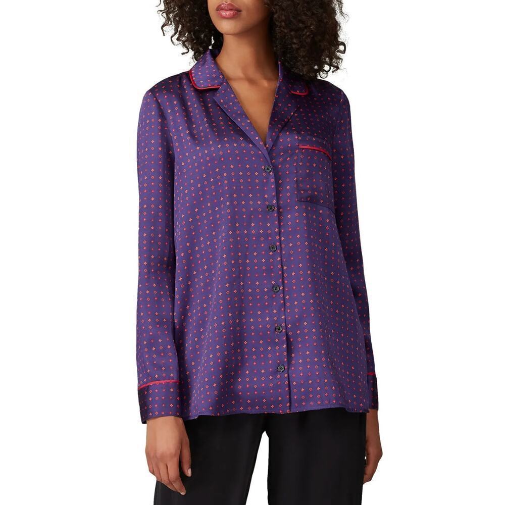 Thakoon Blue and Red Contrast Printed Satin Pajama Style Button Up Top • Sz 8 ⬇️